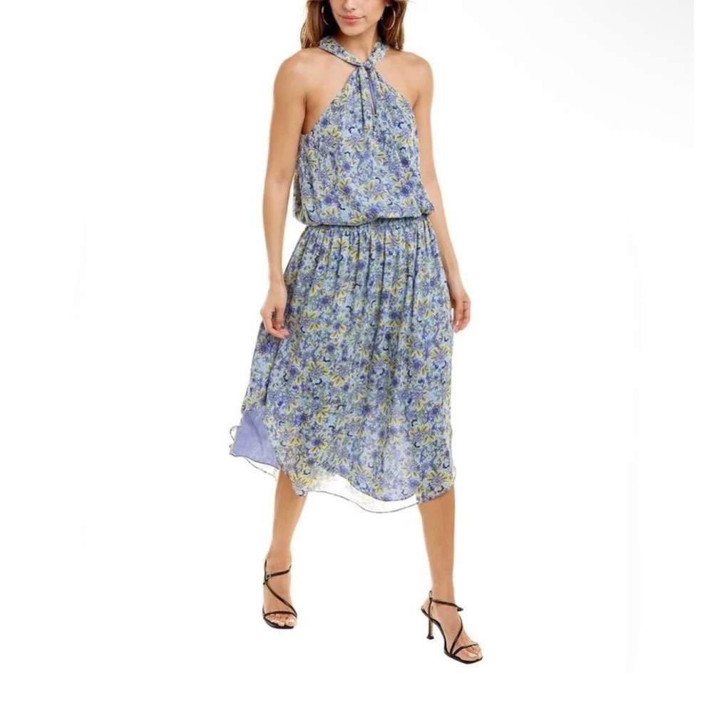 Ramy Brook Kent Floral Halter Midi Dress Blue Yellow Tie Neck‎ Silk Look Size M
